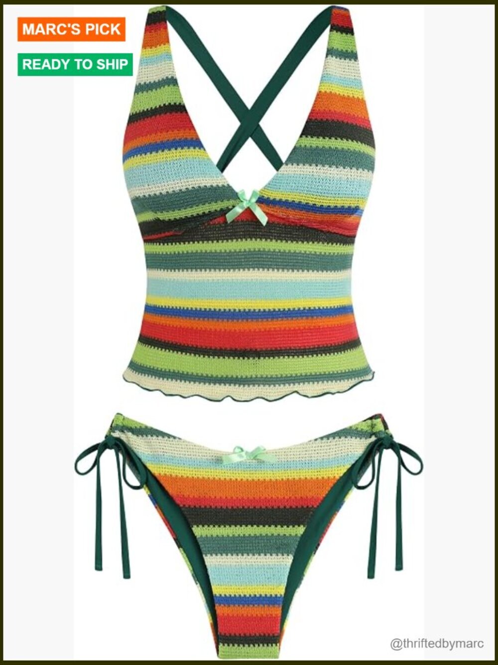 Tankini Set 2 Piece V Neck Tummy Control Tie Side Thong Bikini